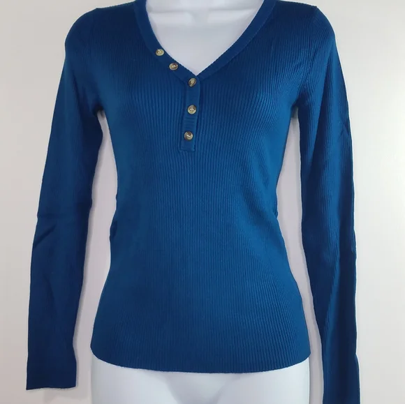 Teal Soft and Stretchy Ribbed Knit Long Sleeve Henley Top - Picture 9 of 11